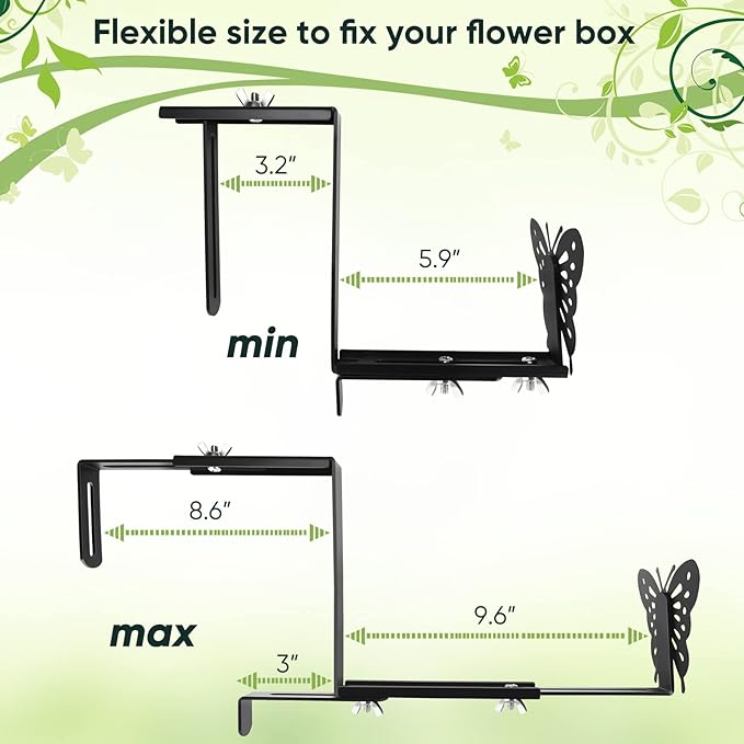 Planter Box Bracket, Adjustable Hang Window Box Holder with Butterfly, Hanging Flower Pot Stand Brackets for Outdoor Patio Garden Fence Pergola Balcony Supporting Heavy Planters-4Pack VIVIKEN