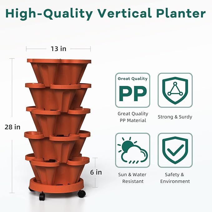 Strawberry Vertical Planter, 5 Tiered Stacking Garden Tower, Stackable Herb Vegetable Planters with Support Pole Indoor and Outdoor - Terra Cotta Tectsia