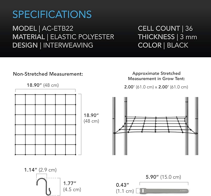 AC Infinity Grow Tent Trellis Netting 2x2', Heavy-Duty Elastic Plant Net with Steel Hooks, Flexible Hydroponics Support for Grow Tents, Gardening, and Horticulture ACInfinity