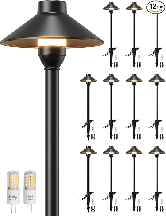 PARTPHONER Low Voltage Landscape Lighting 12-Pack, Aluminum 12V Pathway Lights with G4 Bulbs, Waterproof Stylish Matte Black Color Wired Path Lights with Connectors for Walkway Yard Garden PARTPHONER