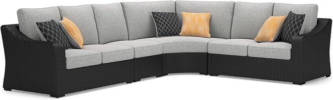 Signature Design by Ashley Beachcroft Curved Modern 4-Piece Outdoor Sectional with Cushion and 6 Throw Pillows, Light Gray SignatureDesignbyAshley