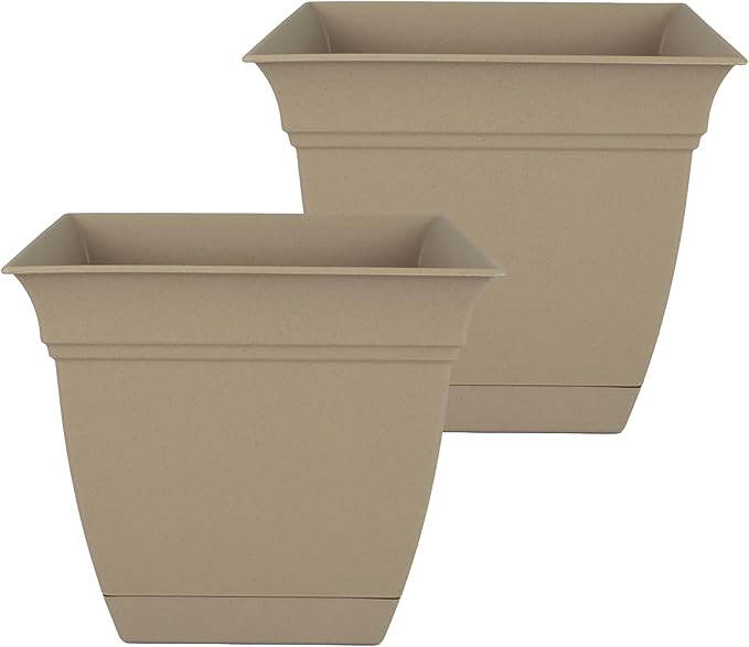 The HC Companies 10 Inch Eclipse Square Planter Pots with Drainage Holes & Attached Saucer, Lightweight UV-Resistant Plastic Indoor Outdoor Planters, 2-Pack Flower Pots, Garden Home Decor, Sandstone TheHCCompanies