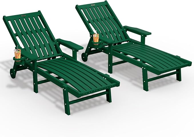 Patio Chaise Lounge Chair Set of 2, Oversized Lounge Chair Outdoor with 5 Positions, HDPE, Patio Lounge Chair with Wheels & Cup Holder for Pool, Deck, Poolside,Green THOEOE