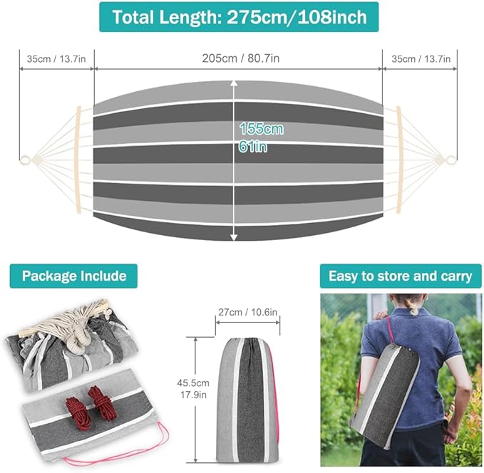 MOSFiATA Camping Hammock 550lb Upgraded Thickened 320G Durable Canvas Fabric Hammocks with Anti Roll Balance Beam and Sturdy Metal Knot for Camping, Patio, Backyard, Outdoor（Grey） MOSFiATA
