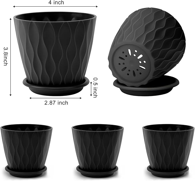 4 inch Plant Pots, 5 Pack Flower Pots Outdoor Indoor, Planters with Drainage Holes and Tray Saucers(Black) AFamilyofGardenLovers