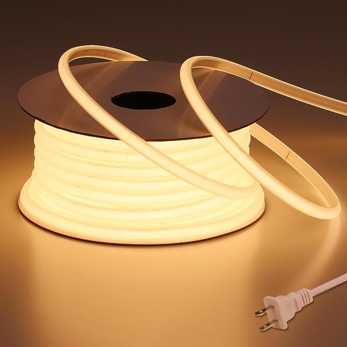 AC 110V COB LED Strip Lights Outdoor Waterproof 65.6ft, 3000K Warm White Super Bright 200W CRI 90+ LED Rope Light, IP65 Flexible Cuttable, for Bedroom Garden Commercial House BENLUN