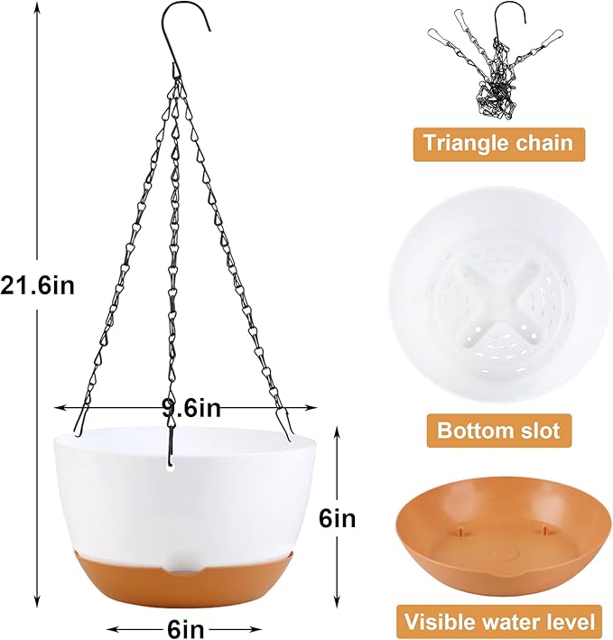 10 inch Hanging Planters for Indoor Outdoor Plants with Self-Watering Pots, 3 Pack Plastic Hanging Basket with Removable Tray for Home Garden Porch Balcony Patio Decor(White+Black+Green) KPUVX