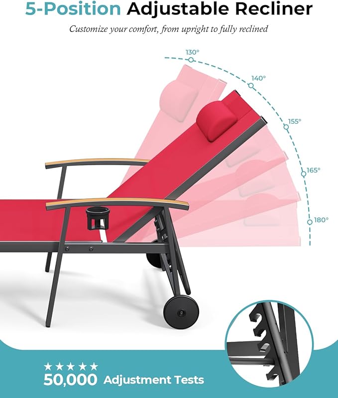 Ciokea Outdoor Lounge Chair with Pillow, 5-Position Aluminum Chaise Lounge with Wheels & Armrests, 400 lbs Heavy Duty Patio Pool Chair for Deck, Backyard, Beach & Poolside, Red CIOKEA
