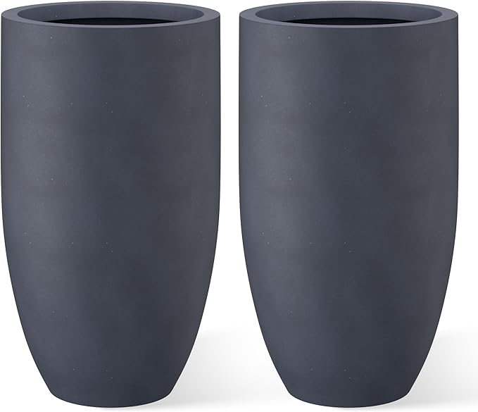 Kante 24 Inch Tall Round Concrete Planter, 2 Pack Large Indoor Outdoor Plant Pots with Drainage Hole and Rubber Plug, Modern Decorative Garden Pots for Home Patio Porch, Charcoal Kante