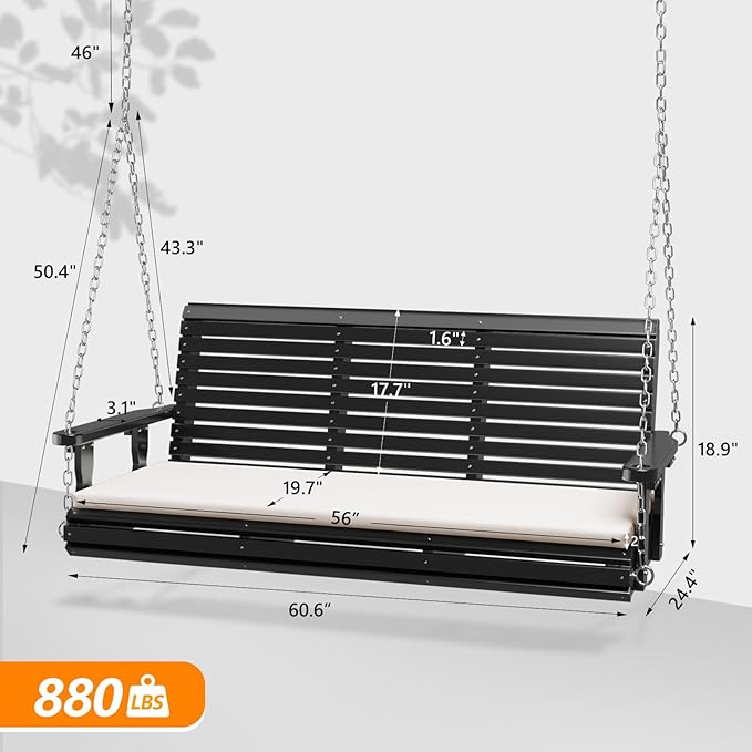 VINGLI Heavy Duty 880 LBS Patio Wooden Porch Swing Outdoor with Extra Cushion, Farmhouse Hanging Bench Tree Swing with Adjustable Chains for Yard | Garden | Lawn | Balcony (5 FT, Black) VINGLI