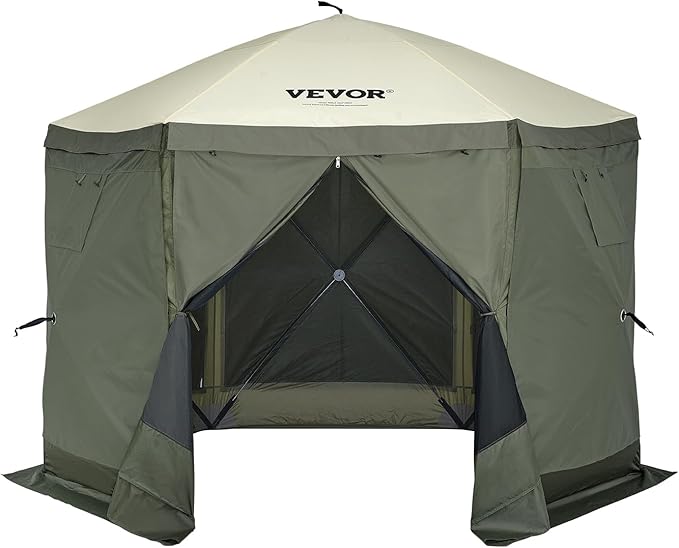 VEVOR Pop Up Gazebo Screen Tent 6 Sided Canopy Sun Shelter with 6 Removable Privacy Wind Cloths & Mesh Windows, 10x10FT Quick Set Screen Tent with Mosquito Netting, Army Green VEVOR