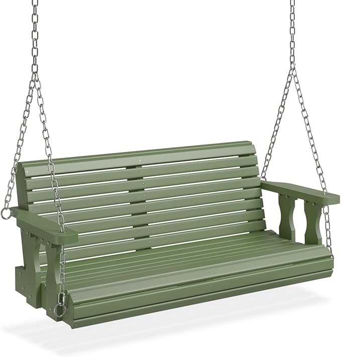 VINGLI Upgraded Patio Wooden Porch Swing for Courtyard & Garden, Heavy Duty 880 LBS Swing Chair Bench with Hanging Chains for Outdoors (Green, 4 FT) VINGLI