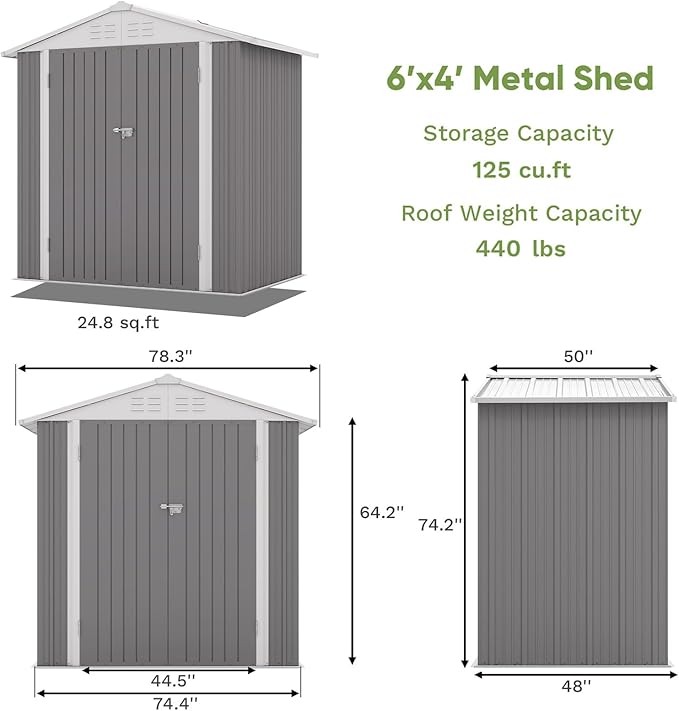 Patiowell 6x4 FT Outdoor Storage Shed, Water-Resistance Metal Outdoor Sheds with Vents & Lock, Garden Shed of Galvanized Steel for Lawn, Patio, Backyard Garden Tools, Bikes, Gray Patiowell