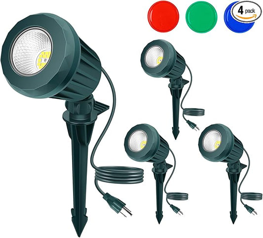 Spotlight Outdoor – 120V Plug-in, 2700K Warm White LED Landscape Spot Lights with RGB 3 Lenses for Yard, Garden, Lawn&Tree Decor, IP67 Waterproof, Perfect for Holidays&Everyday (4 Pack, Green) Holeva
