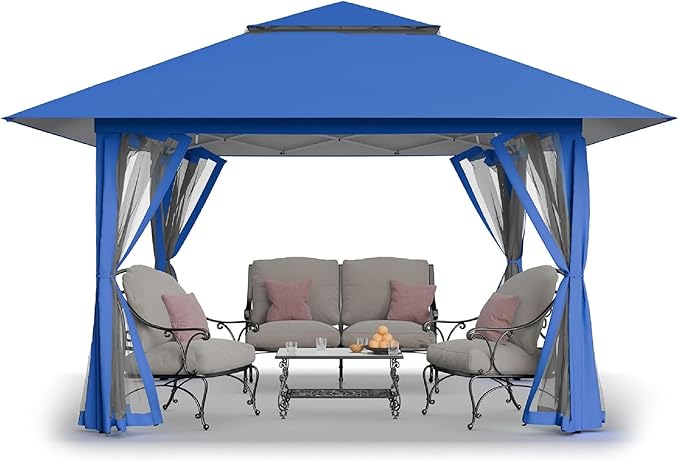 CROWN SHADES 13x13 Pop Up Gazebo, Canopy Tent, Gazebos on Clearance - Outdoor Gazebo for Backyard & Patio Furniture - Carpa Pop Up Tent with Wheeled STO-N-Go Cover Bag (Blue) CrownShades