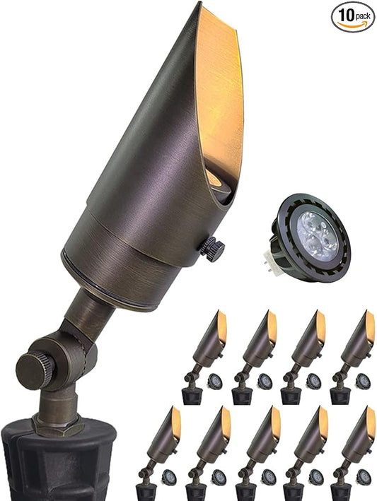 MALORY Brass Landscape Spotlight 10-Pack with MR16 Bulb Kit(S04), Low Voltage 12V AC/DC Shroud Adjustable Outside Yard Lights,PVC Ground Stake and Wire Connector Included, 5W 2700K Warm White MALORY