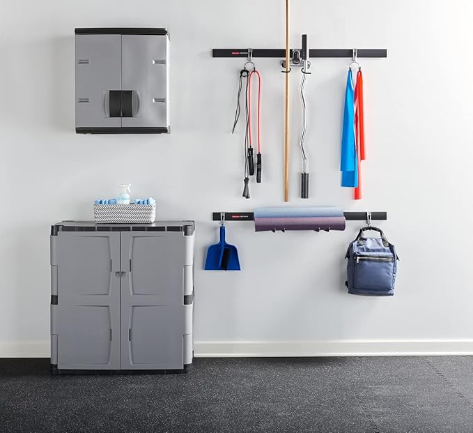 Rubbermaid Freestanding Storage Cabinet with Doors 18"D x 36"W x 37"H Medium Gray/Black Two-Shelf Lockable Cabinet for Indoor/Outdoor/Garage Storage for Garden Tools/Lawn Care Accessories Rubbermaid