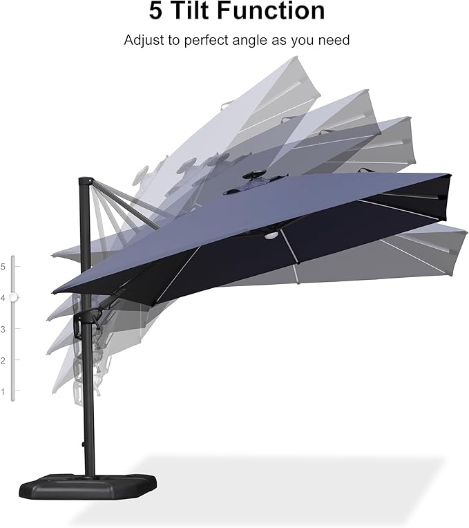 PURPLE LEAF 10 Feet Patio Umbrella Outdoor Cantilever Solar Powered LED Swivel Square Umbrella Aluminum Offset Umbrella with 360-degree Rotation for Garden Deck Pool Patio, Navy Blue PURPLELEAF