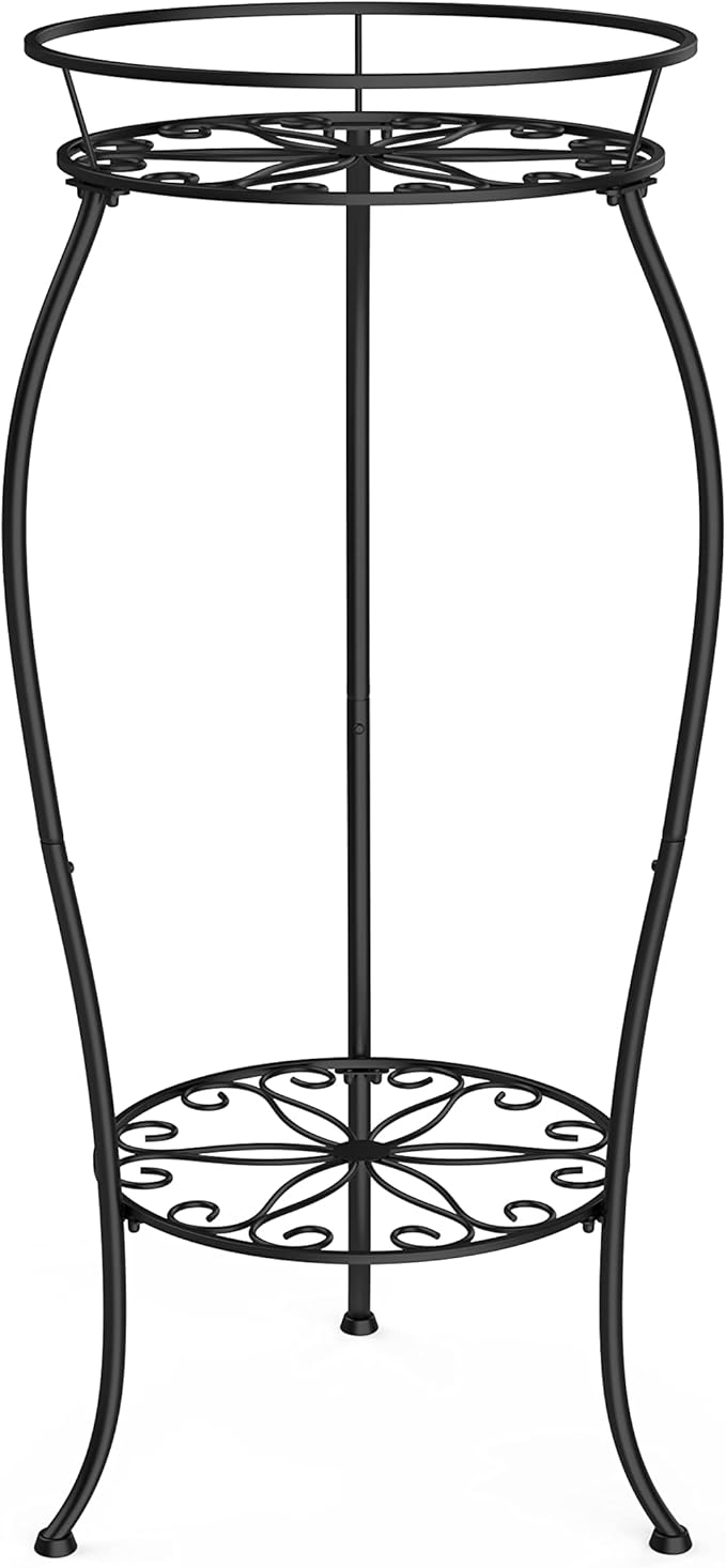 FaithLand Plant Stand, Metal Planter Holder Indoor Outdoor, 2 Tier Round Potted Supports Rack, Corner Display Shelf Black, Tall FaithLand