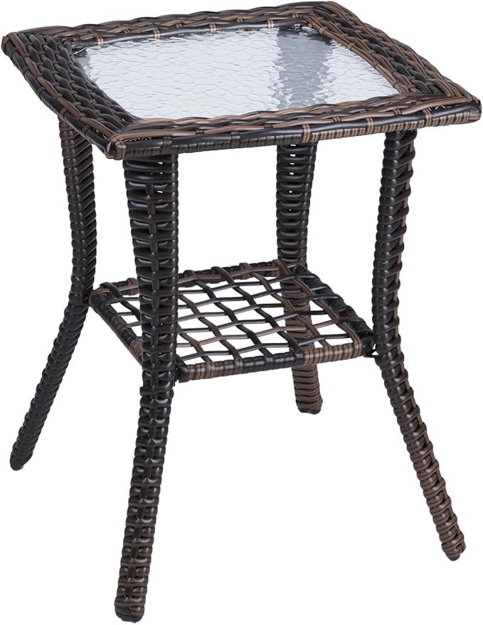 VINGLI Outdoor Side Table with Storage Wicker Patio Side Table, Tempered Glass Top End Table for Balcony Porch Deck (Brown) VINGLI