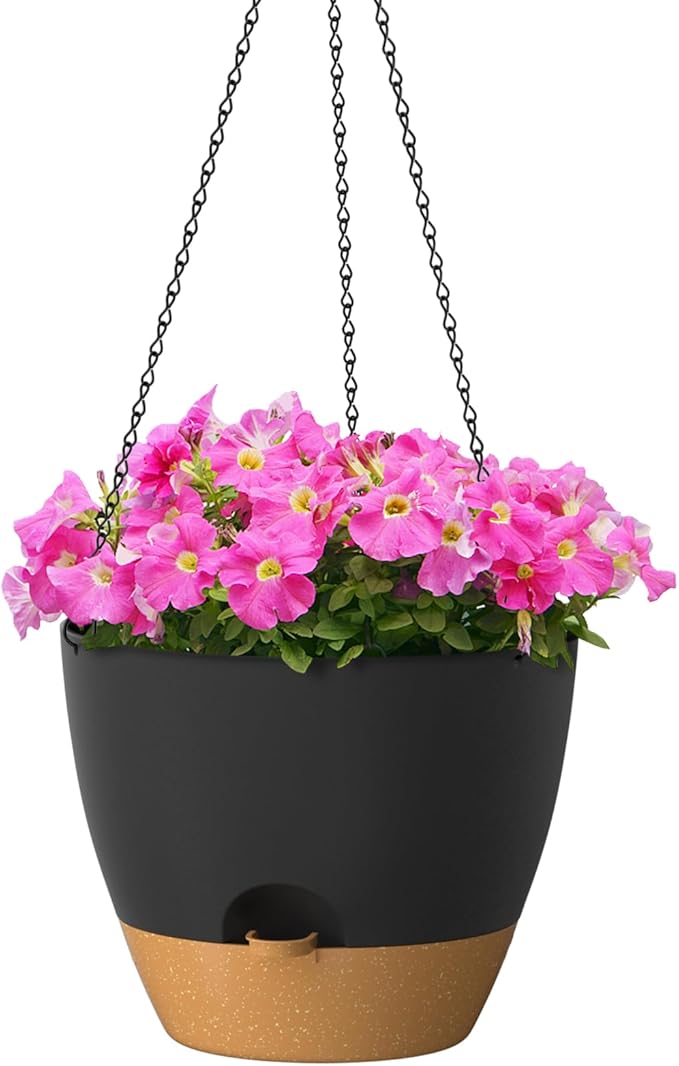 ZMTECH 12 Inch Hanging Planters for Indoor Outdoor Plants, 1 Pack Self Watering Hanging Plant Pots with Drainage Holes and Removable Saucer, Plastic Flower Hanging Pots with Watering Lip (Black) HighQualityGardeningTools