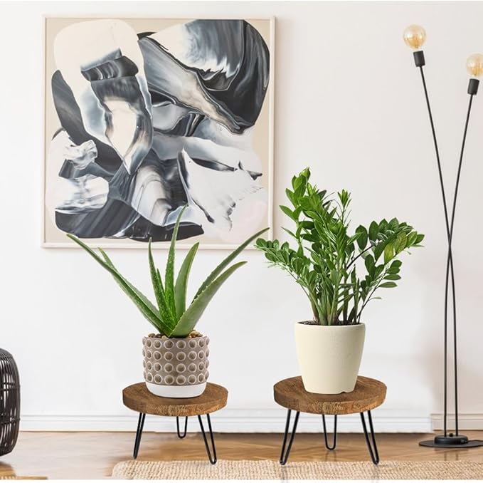 Plant Stand Indoor Outdoor, Wooden plant Stool, Mid Century Plant Stand for Indoor Plants, Wood Modern Plant Holder Rattan Flower, Low Short Boho Rustic Planter Stand Fit 5-15 Inch Pot(M, L) Welcometoobtain