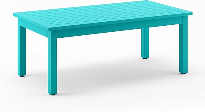 LUE BONA Outdoor Coffee Table, HDPS Patio Coffee Tables for Outside Rectangle, Adjustable Levelling Feet/Weather Resistant, Patio Table for Deck, Pool, Balcony, Indoor or Outdoor Use, Aruba Blue LUEBONA