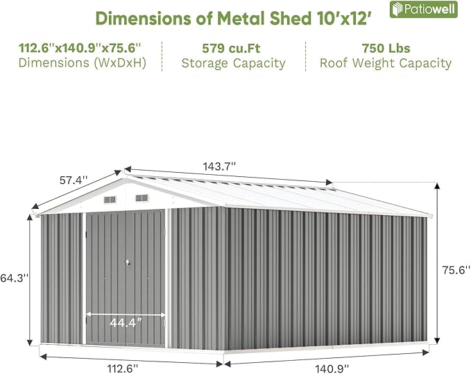Patiowell 10 x 12 FT Metal Storage Shed for Outdoor, Steel Yard Shed with Design of Lockable Doors, Utility and Tool Storage for Garden, Backyard, Patio, Outside use, Gray Patiowell