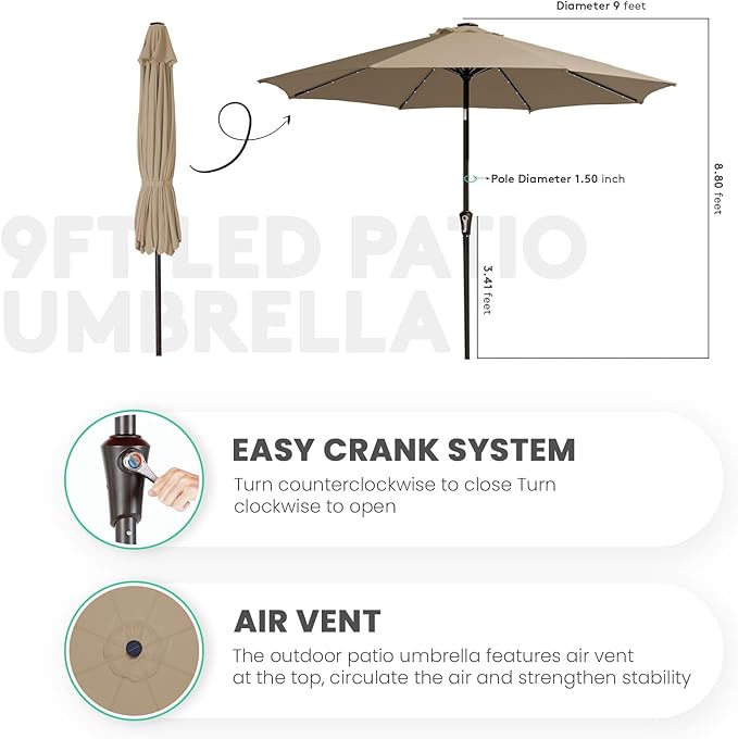 JEAREY 9FT Outdoor Patio Umbrella with Solar Lights, LED Lighted Pool Umbrella with Tilt and Crank, Outdoor Table Umbrellas for Deck, Yard & Market (Beige) JEAREYOutdoorsCollection