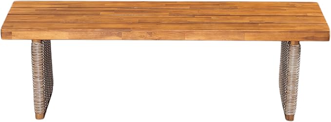 Christopher Knight Home Pasco Acacia Wood Outdoor Dining Table Set for 6, Wicker Patio Dining Set with Acacia Wood Table and Bench, Patio Table and Chair Set with Cushion+Rope Backrest,Brown+Teak+Grey ChristopherKnightHome