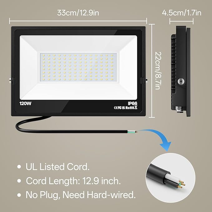 USTELLAR 120W LED Flood Lights Outdoor Hardwired 2Pack Bright 120W Equiv. 24000LM Security Light Outside Lamp IP66 Waterproof 6000K Daylight White Spot Light Exterior Floodlight for Backyard House Ustellar