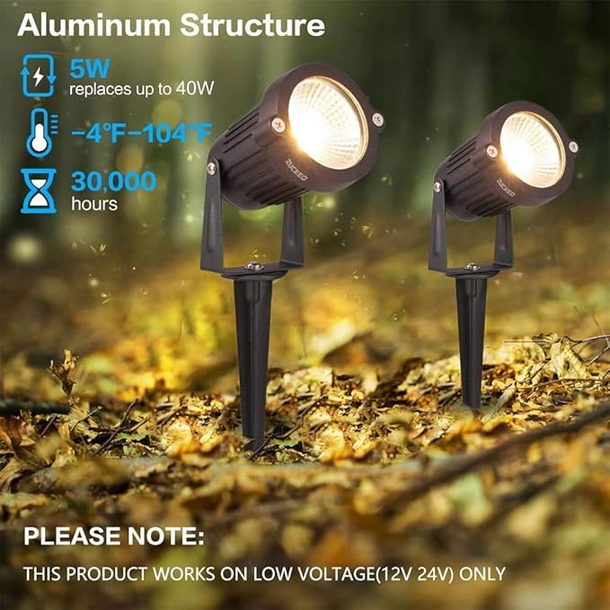 ZUCKEO Low Voltage Landscape Lights 5W LED Landscape Lighting 12V 24V Outdoor Spotlights Waterproof Garden Decorative Landscaping Warm White Lights for Patio Garden Pathway Floor Yard Decor(6 Pack) ZUCKEO