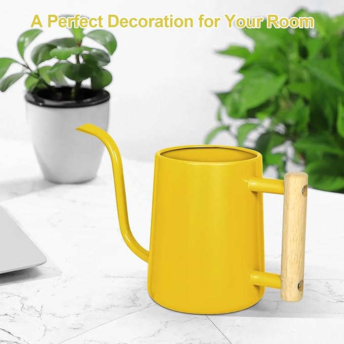 Watering Can Indoor Plants, 35 oz/1000 ml Metal Stainless Steel Watering Can Pot with Long Spout for Indoor House Plants Bonsai Outdoor Garden Flower Decorative (Yellow) Rootora