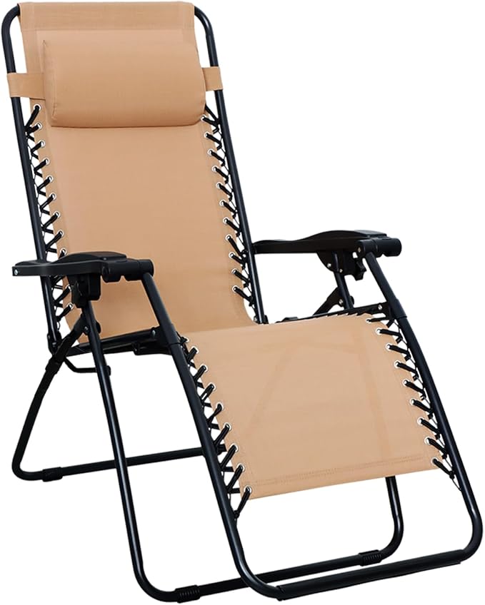 Amazon Basics Outdoor Patio Zero Gravity Folding Reclining Lounge Chair with Padded Headrest Pillow, Adjustable Lawn Chair for Outside, Weather-resistant Textilene, 26", Beige AmazonBasics