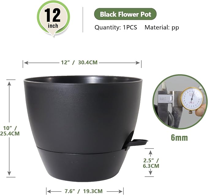 12 inch Large Self Watering Pots for Indoor Outdoor Plants, Flower Plant Pots with Mesh Drainage Holes for Garden House, Plastic Planters with Reservoir for Home Decor, Black Meowell
