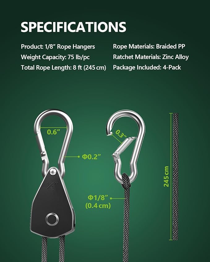4-Pack 1/8" Adjustable Rope Hanger, Heavy Duty Ratchet Tie Down Strap with Reinforced Metal Gear, Ratcheting Pulley System Kayak Straps for Hanging Plants Grow Light and Various Tie-Down Uses STAYGROW
