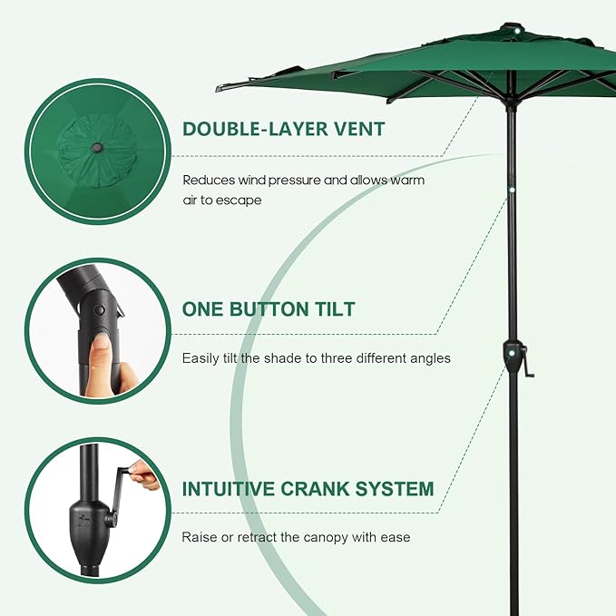 Abba Patio 7.5FT Lyon Outdoor Patio Umbrella Outdoor Table Umbrella with Push Button Tilt and Crank Market Umbrella 6 Sturdy Ribs UV Protection Waterproof for Garden Deck Backyard Pool Dark Green AbbaPatio