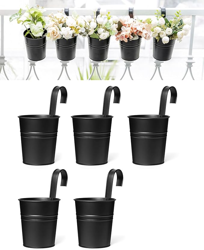 Dahey 5 Pcs Hanging Flower Pots 4 Inches Metal Iron Bucket Outdoor Planter for Railing Fence Balcony Garden Home Decoration Flower Holders with Detachable Hooks, Black Dahey