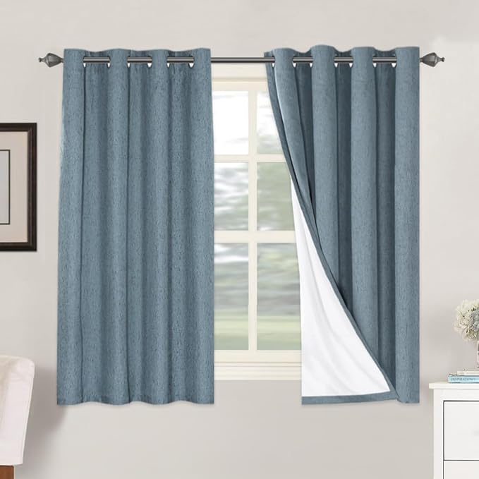 H.VERSAILTEX Linen Blackout Curtains 54 Inches Long 100% Blackout Thermal Insulated Textured Linen Look Curtain Draperies Anti-Rust Grommet, Energy Saving with White Liner, 2 Panels, Stone Blue HVERSAILTEX