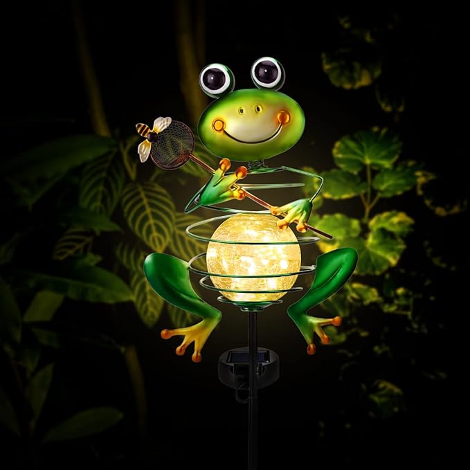 Frog Solar Garden Light - Metal Stake Light with Crackle Glass Waterproof Globe, Solar Power LED for Garden, Lawn, Patio, Pathway Decor HEDAQI