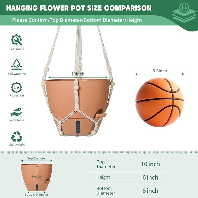 Self-Watering Hanging Planters for Indoor Plants Set 2-Piece Includes Plant Hanging Pot, Drainage-Hole Hanging Pot, and Hanging Basket Rack (Terracotta,10 Inches) Rootora