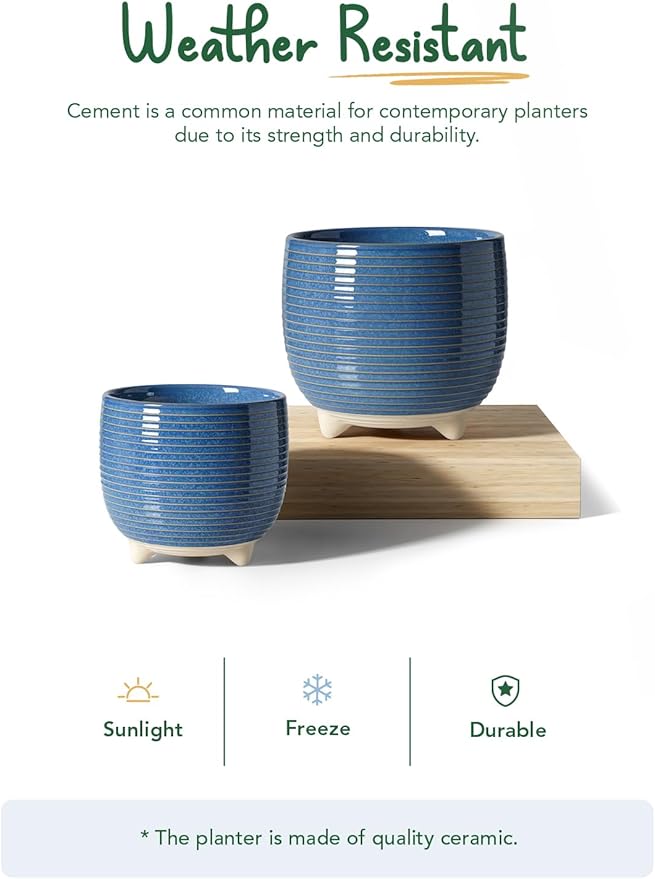 LE TAUCI Ceramic Plant Pots, 5.1 + 6.4 Inch Footed Pots for Plants, Modern Flower Pots for Home and Office, Indoor Planters with Drainage, Reactive Glaze Blue LETAUCI