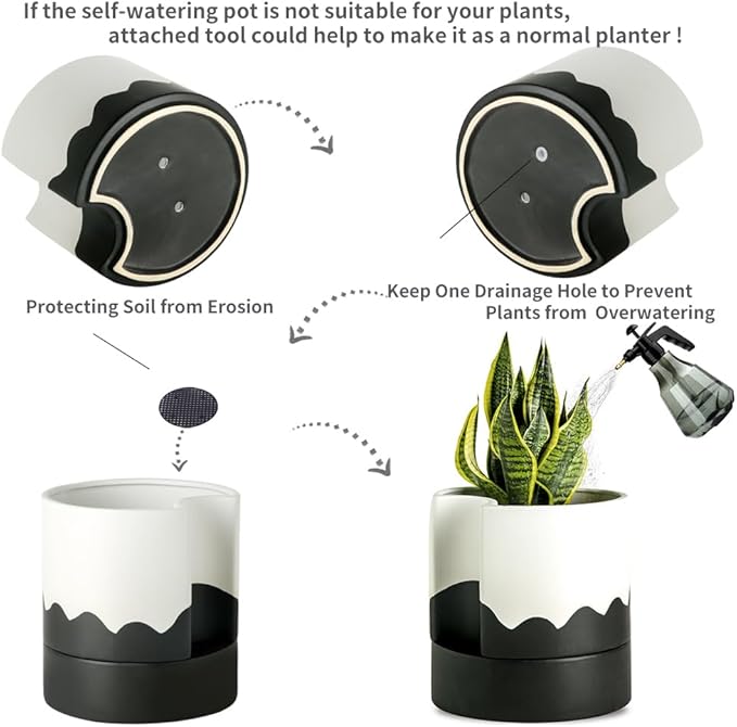Nihow Self Watering Plant Pot: 8 Inch Ceramic Planter with Drainage Hole & Water Storage Plus for Indoor & Outdoor Plants - Cylinder Round Flower Pot for Succulent/Herbs/Violets - White & Wave Black Nihow