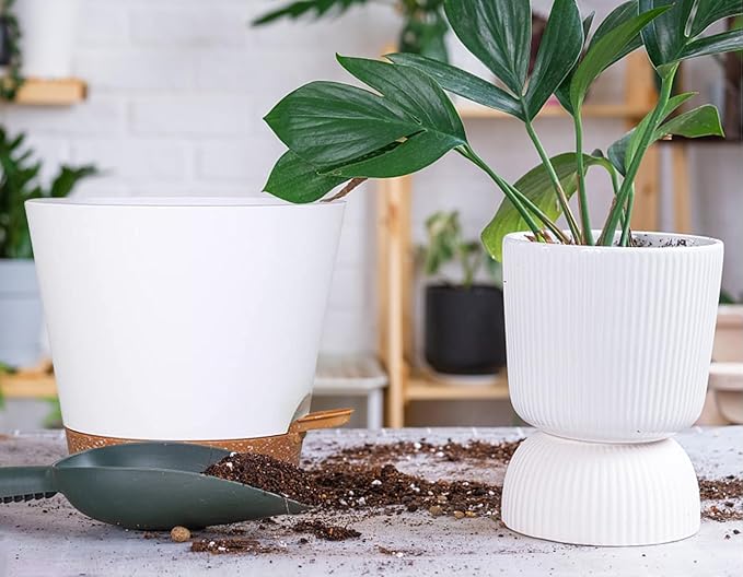12+12Inch 2Pack Large Flower Pots for Indoor/Outdoor Plants,Self Watering Planters with Reservoir and Drainage Hole White Plastic Planting Pots Modern Home Decor Gift Idea SESUN-E