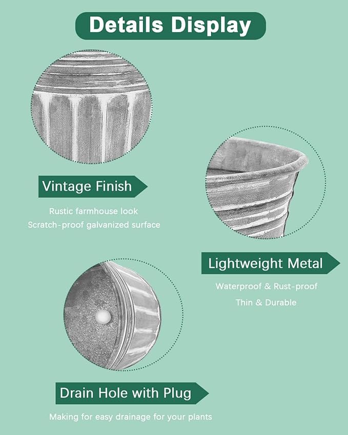 vensovo 10 Inches Silver Metal Rustic Plant Pots - 4 Pcs Large Shallow Galvanized Planters with Drain Hole and Rubber Plug, Rustproof Tin Bucket Succulent Pot Indoor Farmhouse Vintage Style for Decor vensovo