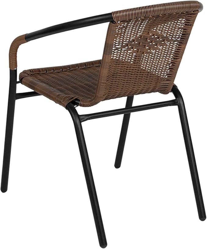 Flash Furniture Lila 28'' Round Glass Metal Table with Dark Brown Rattan Edging and 2 Dark Brown Rattan Stack Chairs FlashFurniture