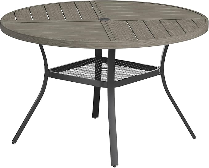 VICLLAX Round Patio Table with Adjustable Umbrella Hole for 6, All Weather Metal Outdoor Dining Table for Lawn Garden, 47.2" Outdoor Coffee Table, Grey Wood-Like Tabletop HOME