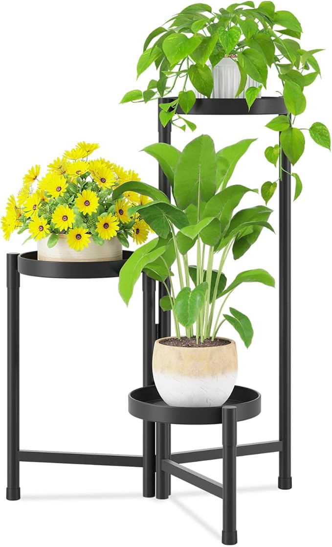 iDavosic.ly Plant Stand Indoor Outdoor, 3 Tier Corner Metal Flower Display Holder Shelf, Easy Assembly Folding Tall Orchid Rack for Patio Balcony Porch Garden Living Room House, Black iDavosicly