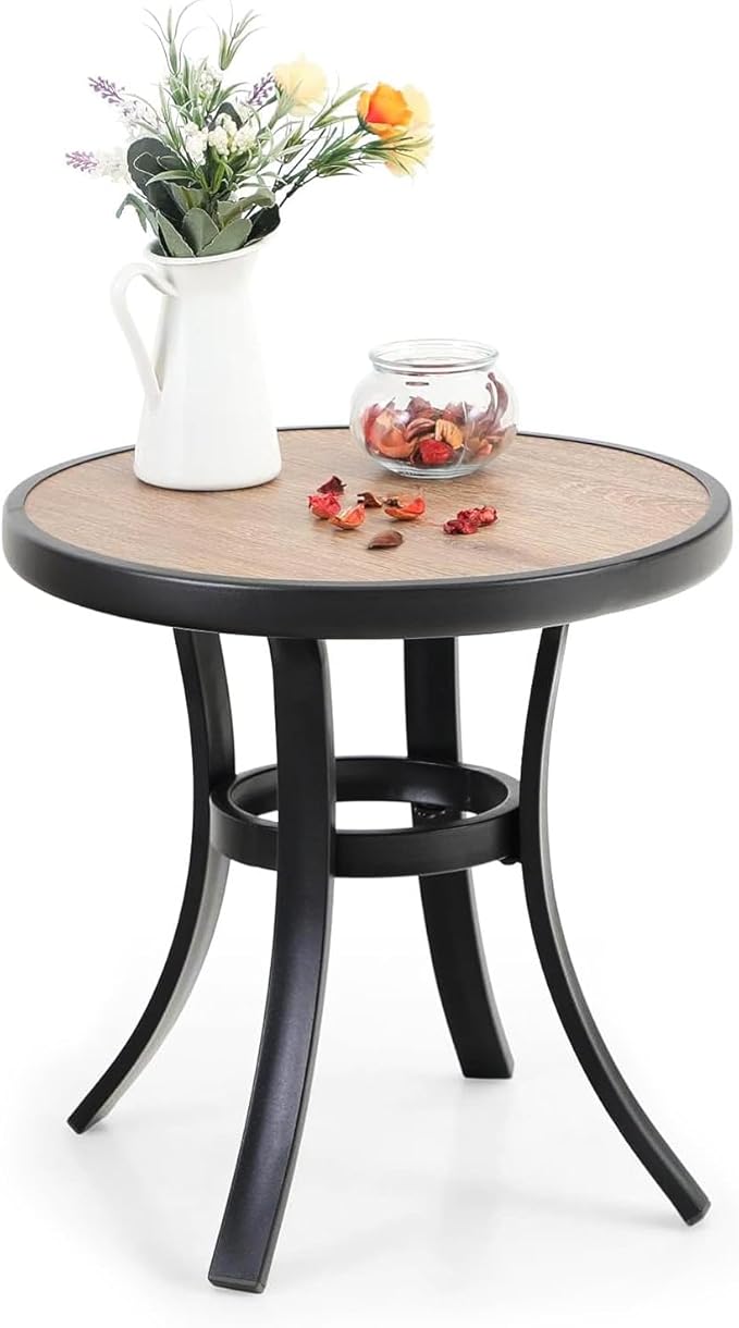 PHI VILLA Outdoor Round Side Table, 19" Small Metal End Table with Wood-Lile PVC Top for 2, All Weather Coffee Bistro Table for Patio, Deck, Porch, Balcony, Indoor PHIVILLAThepioneerofcomfortablehouseholdsupplies