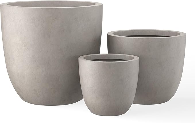 Kante 18",14",10" Dia Concrete Round Planters (Set of 3), Outdoor Indoor Large Planter Pots with Drainage Hole and Rubber Plug for Home Patio Garden, Weathered Concrete Kante